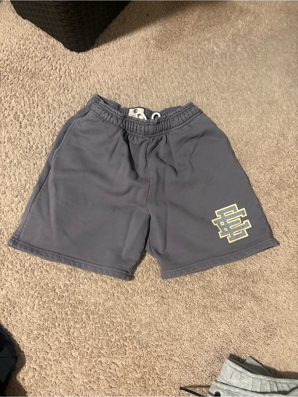 Eric Emanuel Gray Athletic Shorts with Pale Yellow Logo